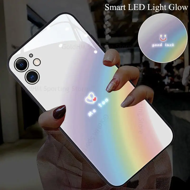 

Smart LED Light Glow Tempered Glass Phone Case For iPhone 14 Pro Max 12 11 13 Pro X XS Max 7 8 14 Plus Love Smile Luminous Cover