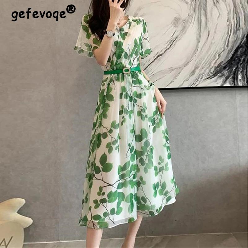 

Women Summer Leaf Print Chic Belt Elegant Party Long Dresses Fashion V Neck Short Sleeve Slim Vacation Beach Midi Dress Vestidos