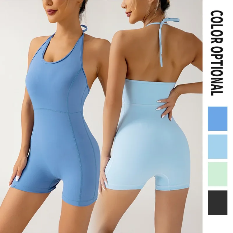 

Shaping body with chest pad jumpsuit one-piece sleeveless yoga suit hanging neck fitness pants for women gym set women workout