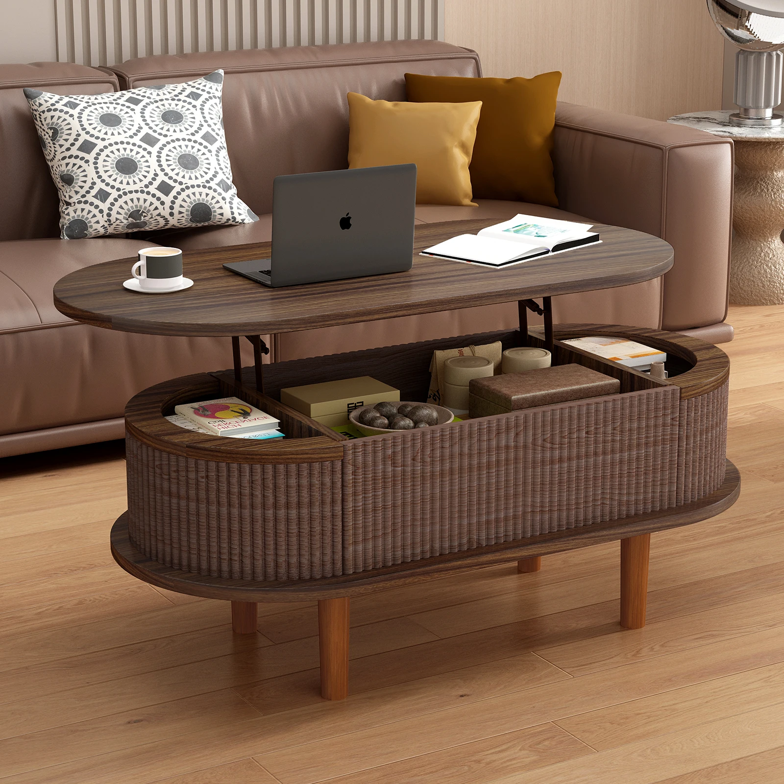 

Fluted Lift Top Coffee Table with Hidden Compartment, Wooden Center Table, Modern Oval Lift Tabletop for Home Living Room Office, Walnut Color