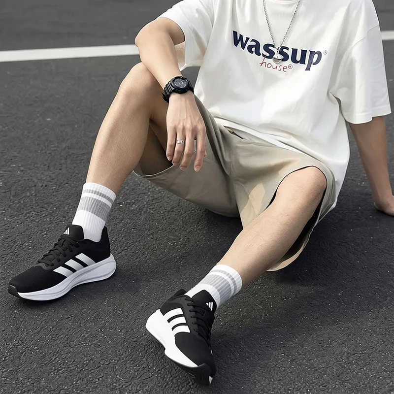 Adidas 2026new Men Running Shoes Black White Simple Mesh Breathable Low Top Thick Sole Cushion Comfort Casual Sneakers KJ1736