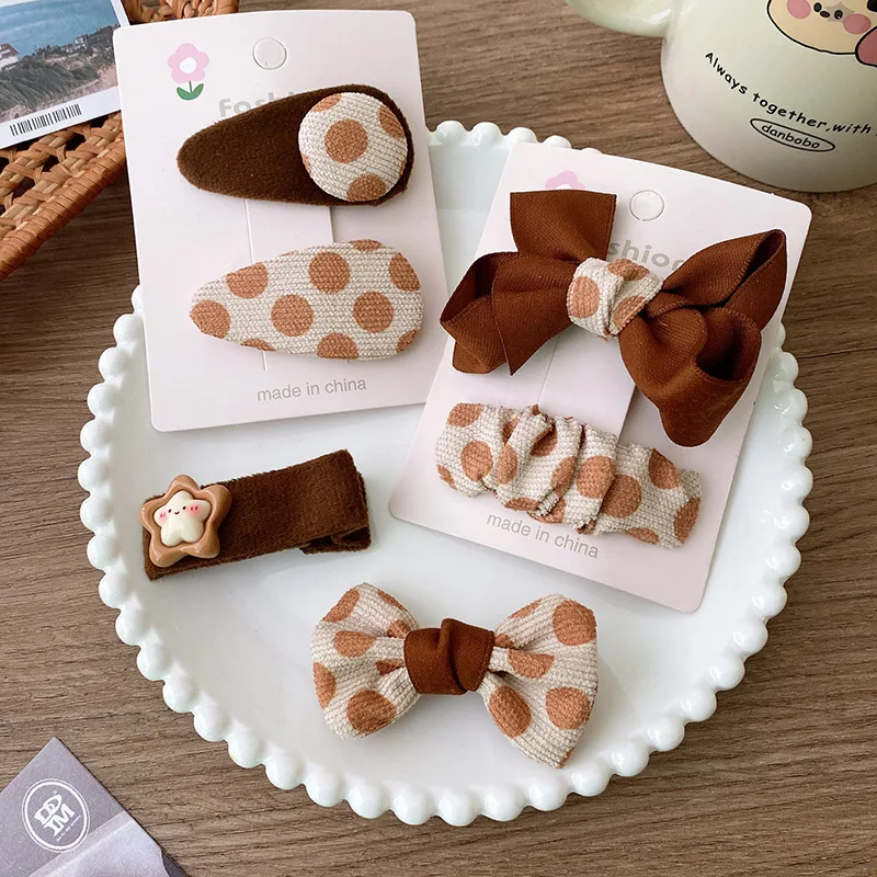 2pcs Brown Color Dot Polka Prints Bow Baby Hair Clips Dot Spot Hairpins Kid Snap Drop Hair Clips BB Barrettes Girls Headwear