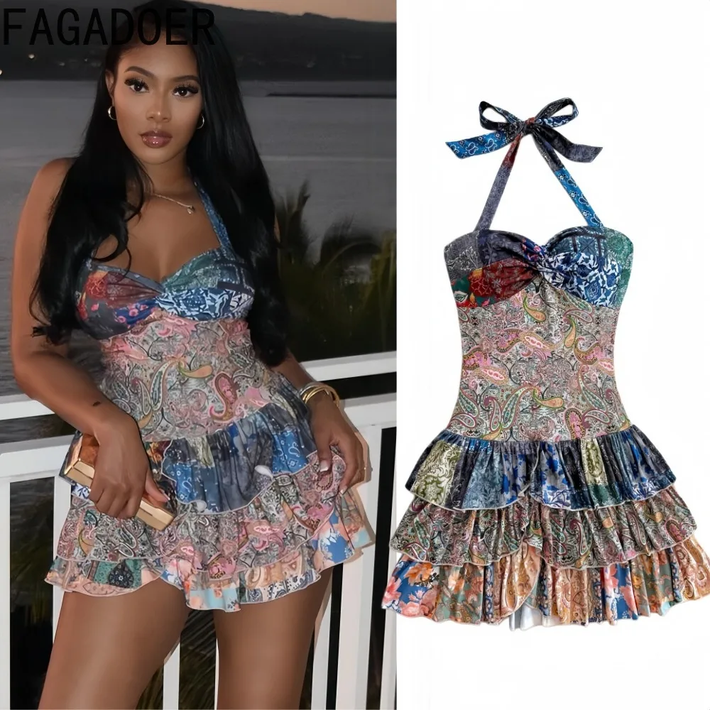 

FAGADOER Sexy Floral Print Patchwork Bodycon Dresses Women Spaghetti Strap Sleeveless Backless Dress Female Streetwear Vestidos