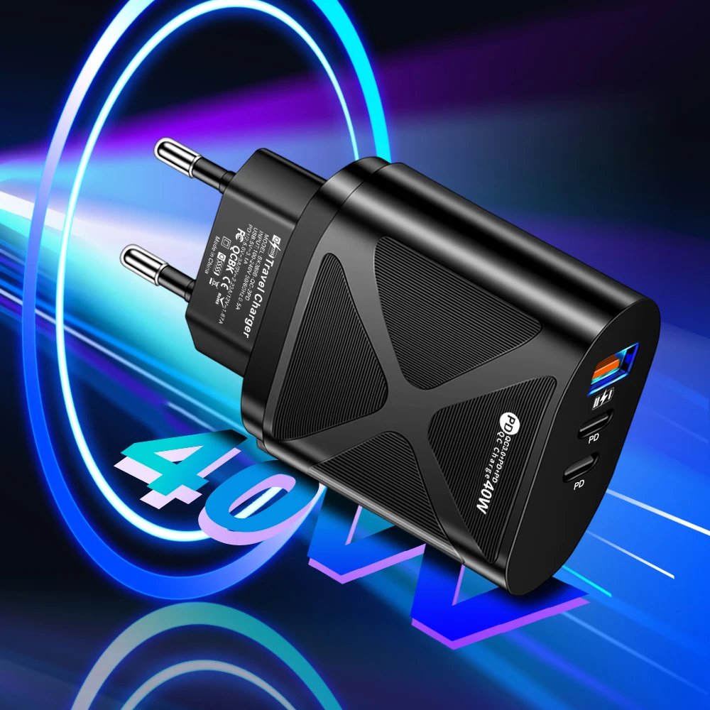 40W Type C USB Fast Charging PD Quick Charge 3.0 Mobile Phone Adapter for iPhone Xiaomi Samsung Oneplus POCO with EU US Plug