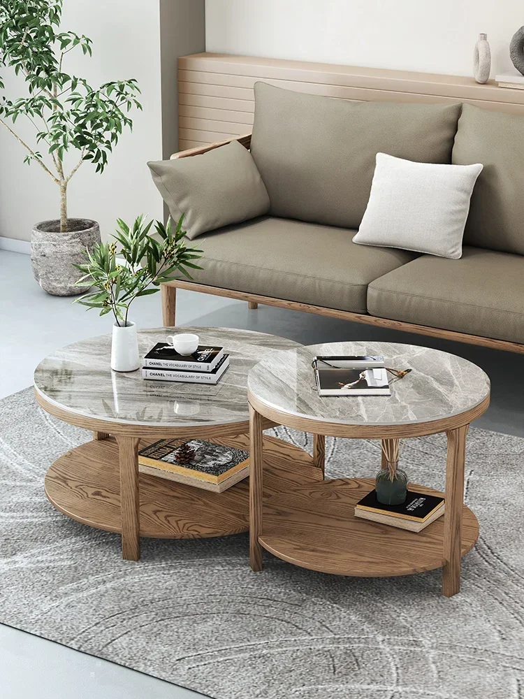 Nordic Solid Wood Stone Plate round Tea Table Size Side Table Combination Simple Living Room Personality Tea Table