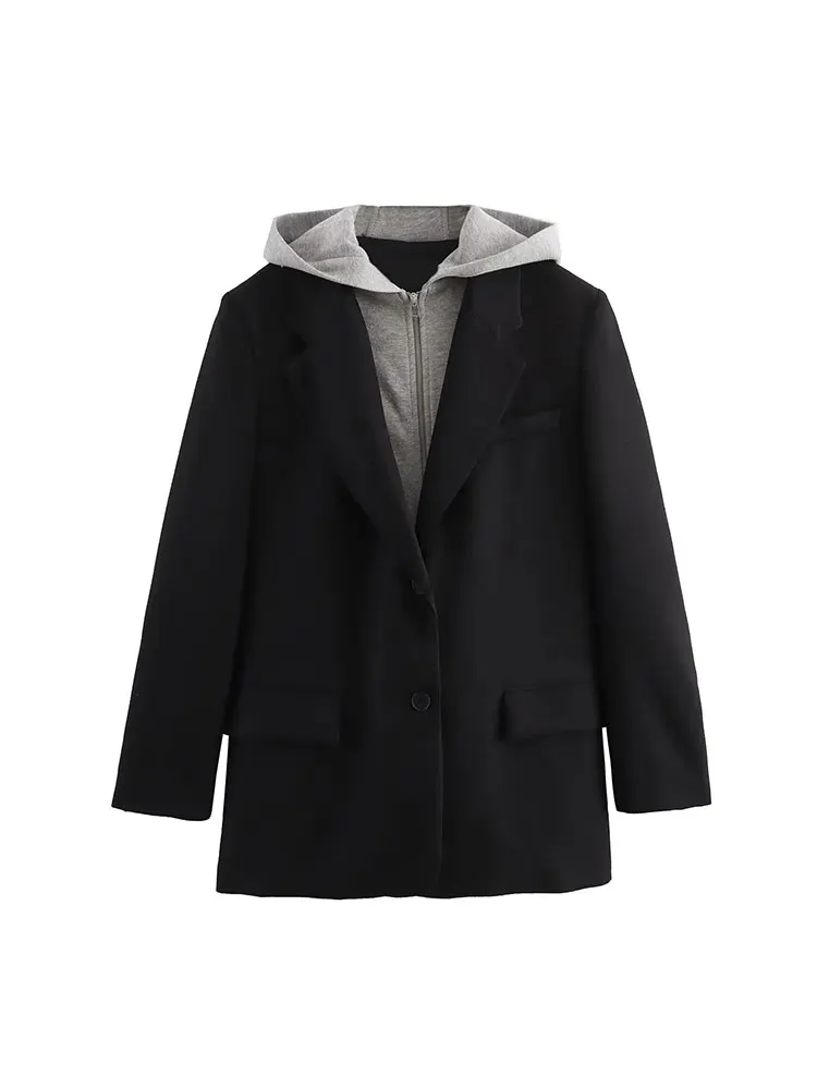 Traf 2024 Herfst Winter Capuchon Blazer Dames Single Rij Knopen Kantoor Blazer Dames Jassen Lange Mouwen Jas Nieuwe Bovenkleding