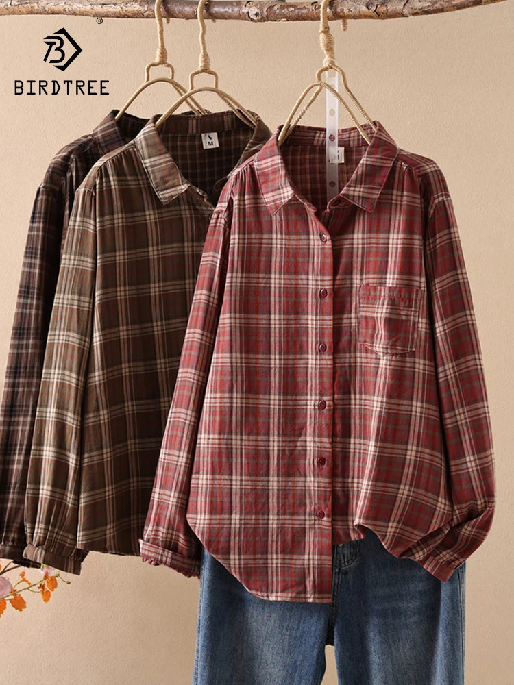 

New 2026 Spring Women Cotton Yarn Long Sleeve Shirt, Turn-down Collar Plaid, Mori Girl Fashion Soft Thin Loose Blouse T63659CC