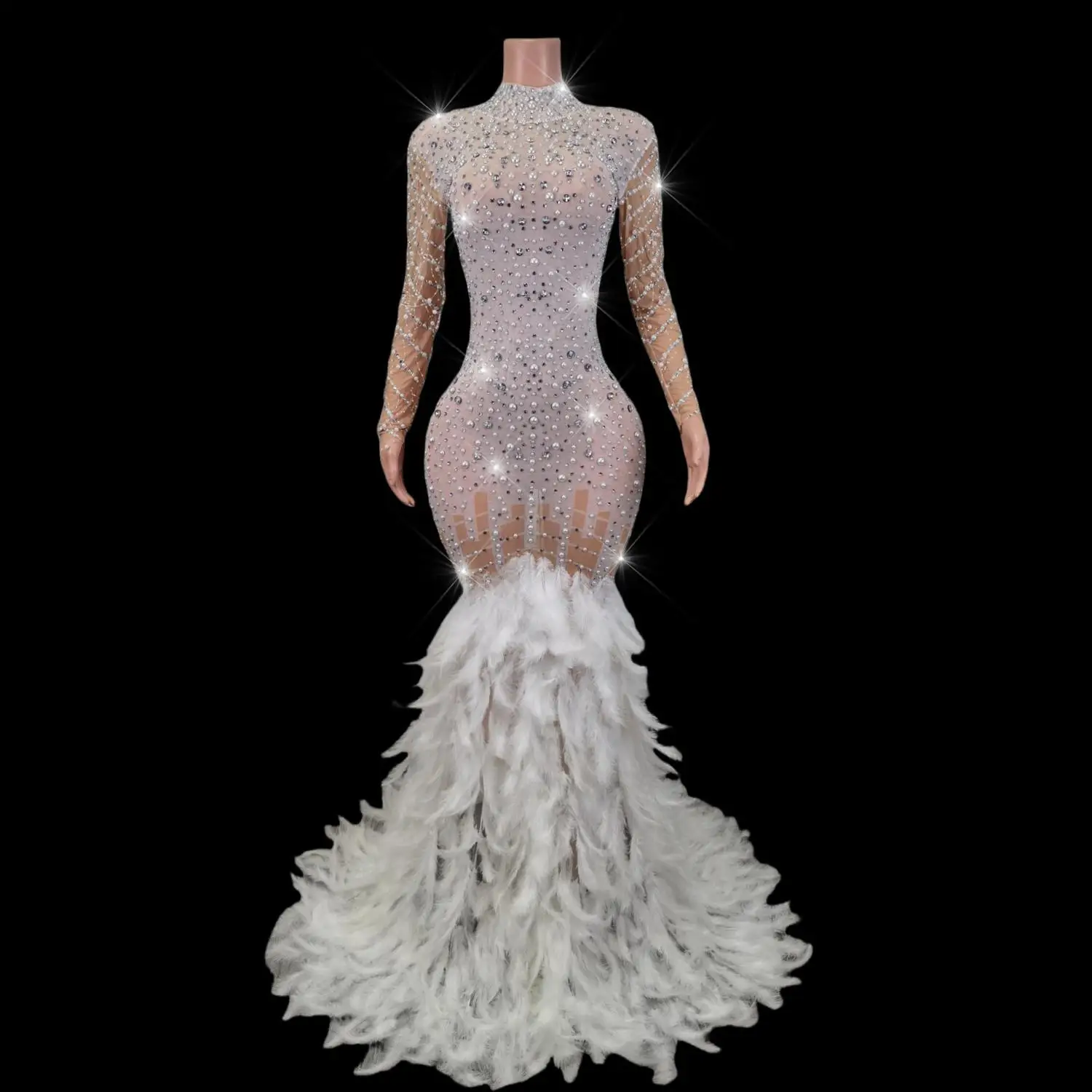 Luxury Elegant Rhinestones Feather Fishtail Evening Dress Ladies Party Sexy Birthday Party Feast Celebrate Prom Evening Gown