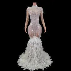 Luxury Elegant Rhinestones Feather Fishtail Evening Dress Ladies Party Sexy Birthday Party Feast Celebrate Prom Evening Gown