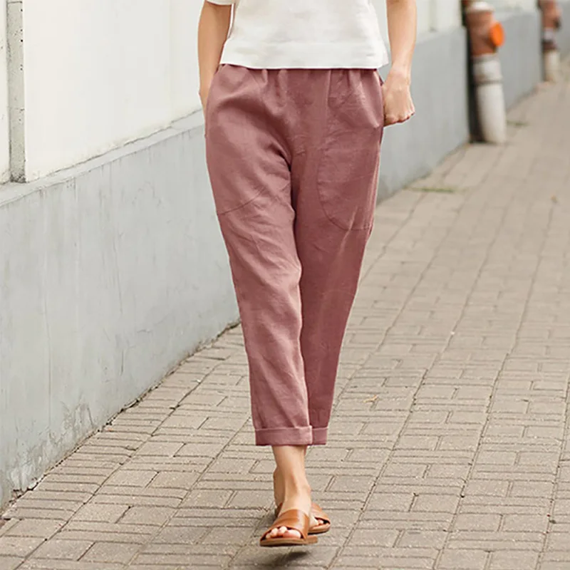 Damenhose aus Baumwolle und Leinen, einfarbig, atmungsaktiv, leicht, elastische Taille, modisch, schlichter Stil, lässige Hose mit geradem Bein – Detail 3