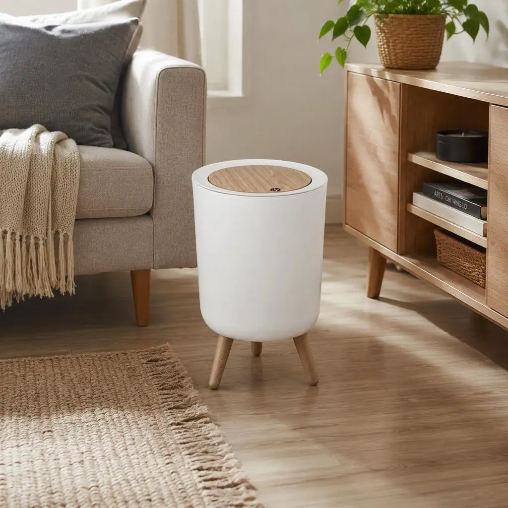 Modern Round Press‑Top Plastic Trash Can, Wood‑Grain Look Lid Waste Bin with 3 Elevated Legs