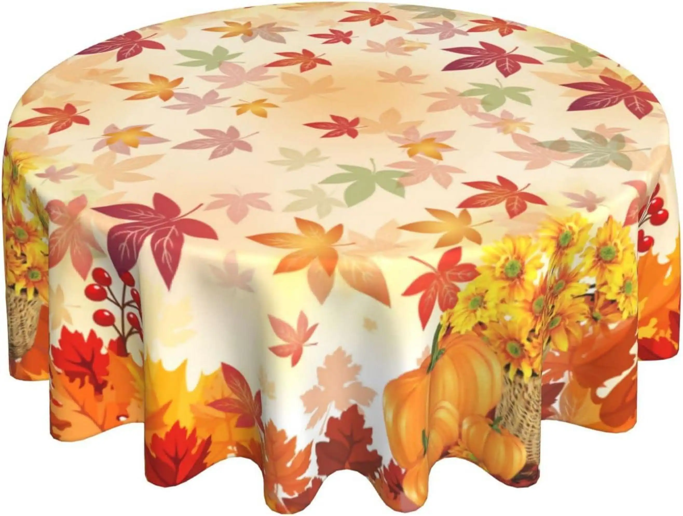 

Fall Round Tablecloth 60 Inch Autumn Maple Leaf Pumpkin Sunflower Print Decorative Table Cloth Thanksgiving Tablecloth Suitable