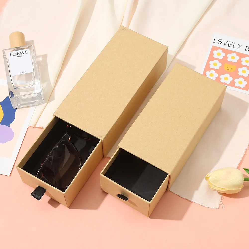 Retro Paper Drawer‑style Eyeglasses Box Pull Slide Sunglasses Gift Packaging Box with Ribbon Pull Tab for Glasses Present Use