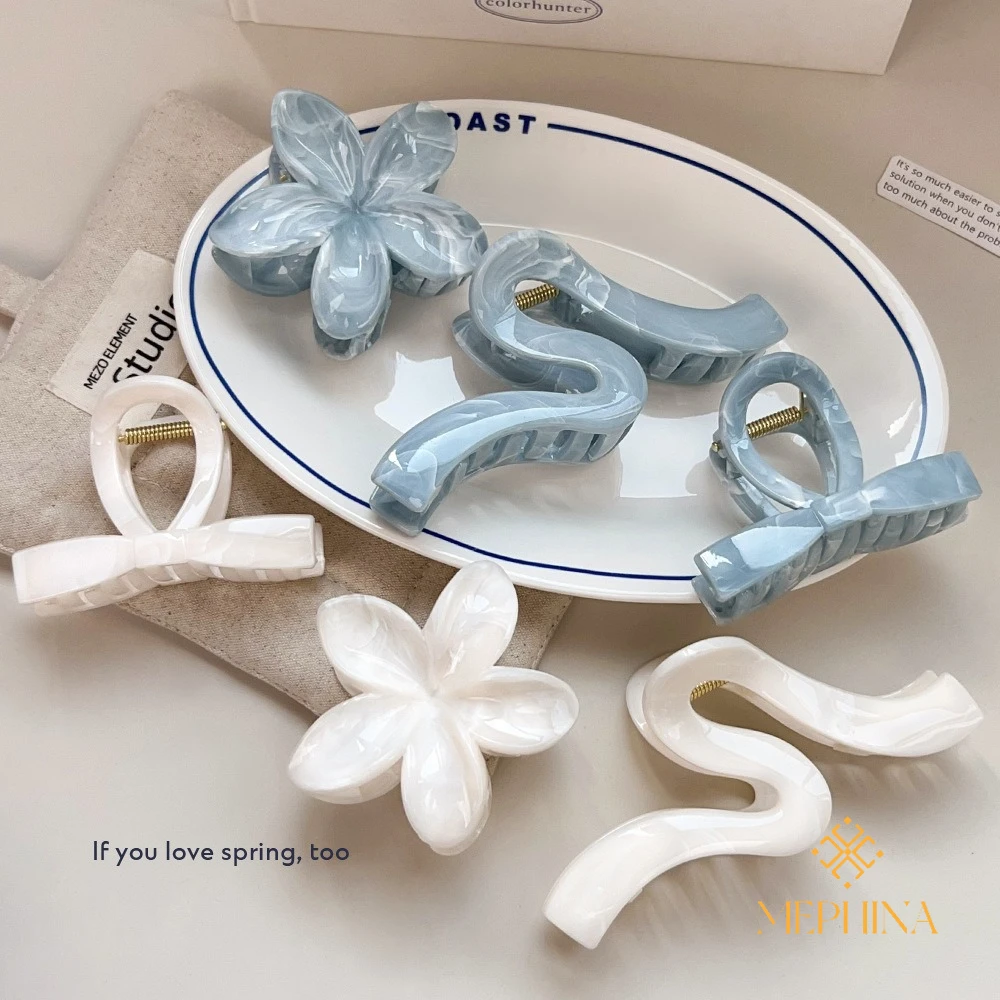 MEPHINA Unregelmäßige Haarklammern, Frangipani-Blumen-Haarklammern, blaue weiße Schleife, Haarspange, elegante Haarklammern, Zubehör für Frauen