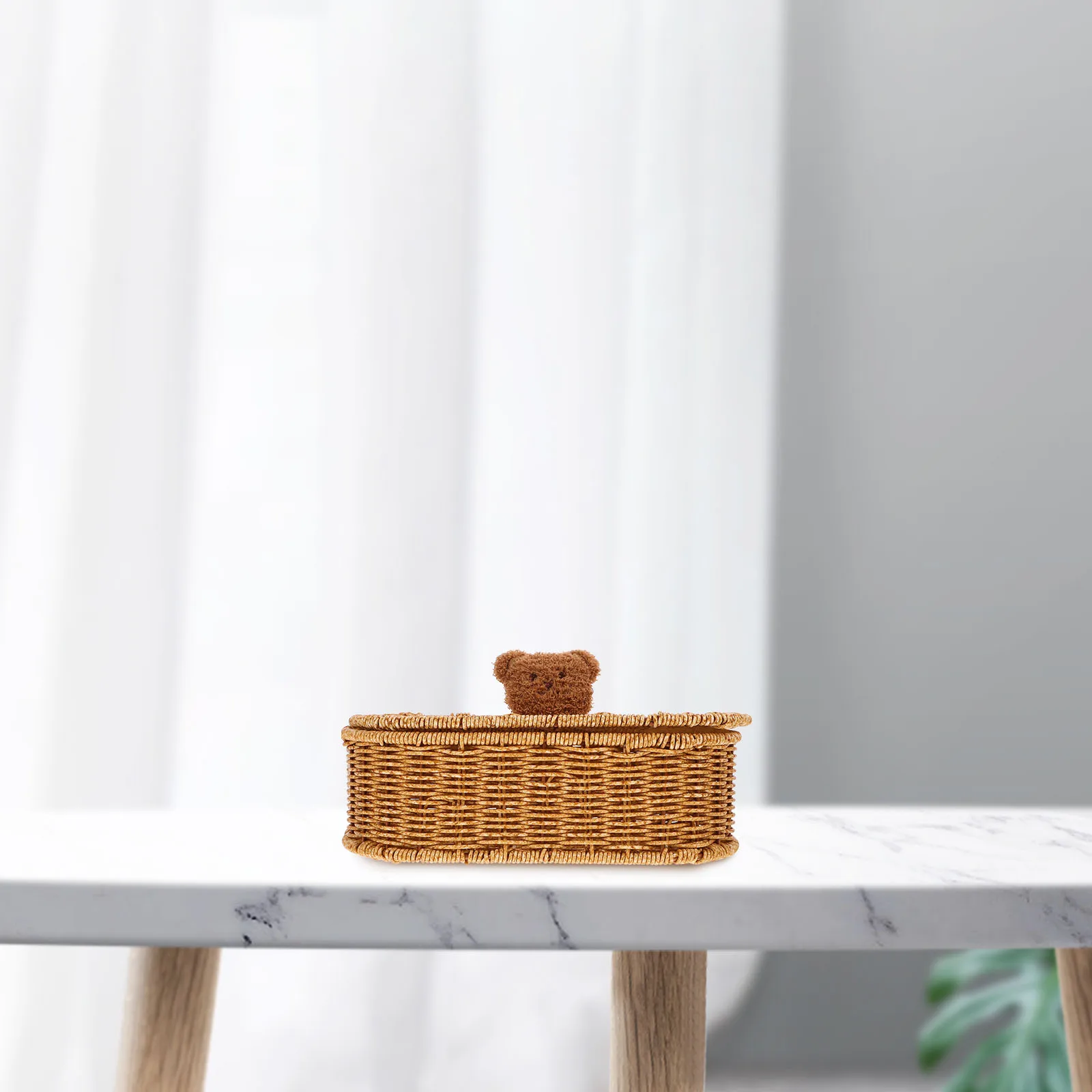 

Handwoven Desktop Imitation Rattan Storage Box Small Size Cute Bear Handle Lidded Basket Organizer for Cosmetics Sundries