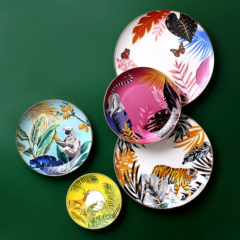 Dinnerware Set Colorful Forest Animal Design Plate Steak Tray Flat Ceramic Tableware 10inch Dish Christmas Gift Gold