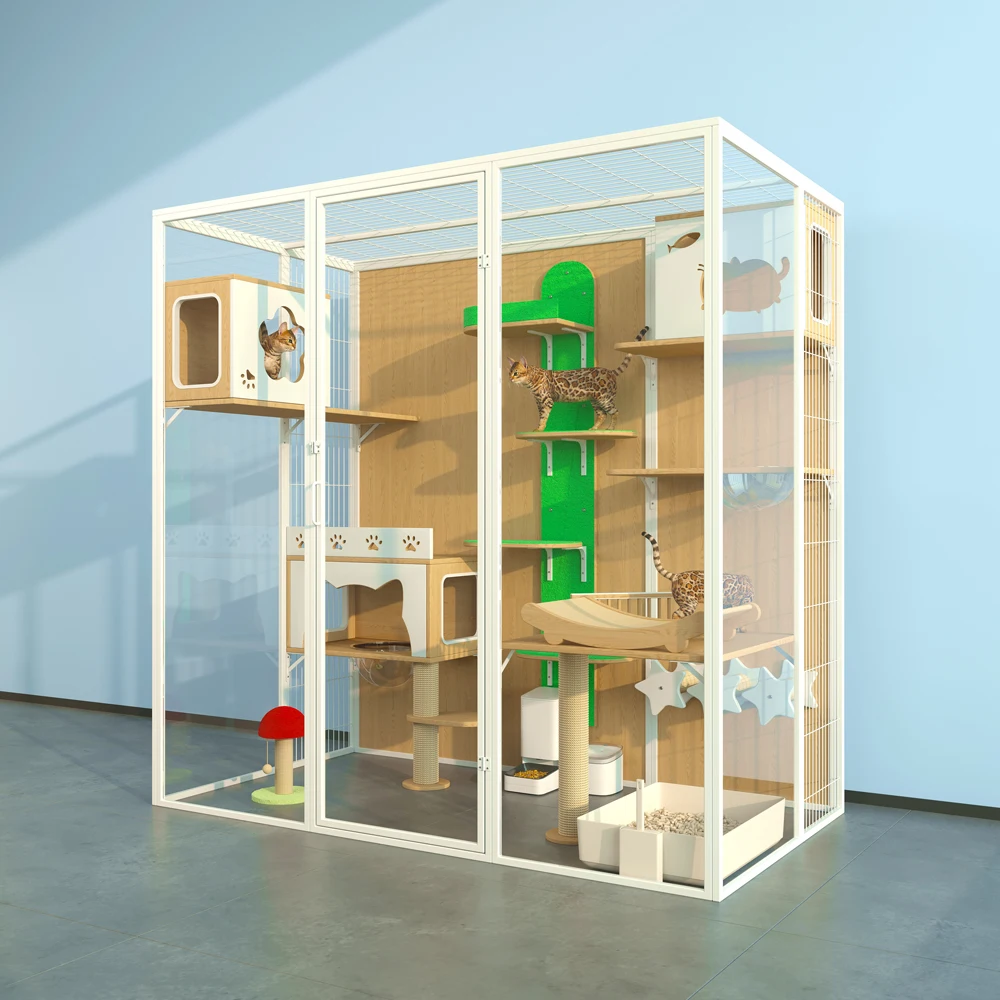 Multifunctional Collapsible Eco-Friendly Cat House with Glass Metal Wood Materials Indoor Pet Furniture With Cat Tree