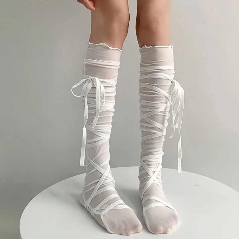Women Cross Bow Tie High Stockings Stretchy Ballerina Socks  Themed Party Cosplay Elegant Hand Washable Spring Summer Hose