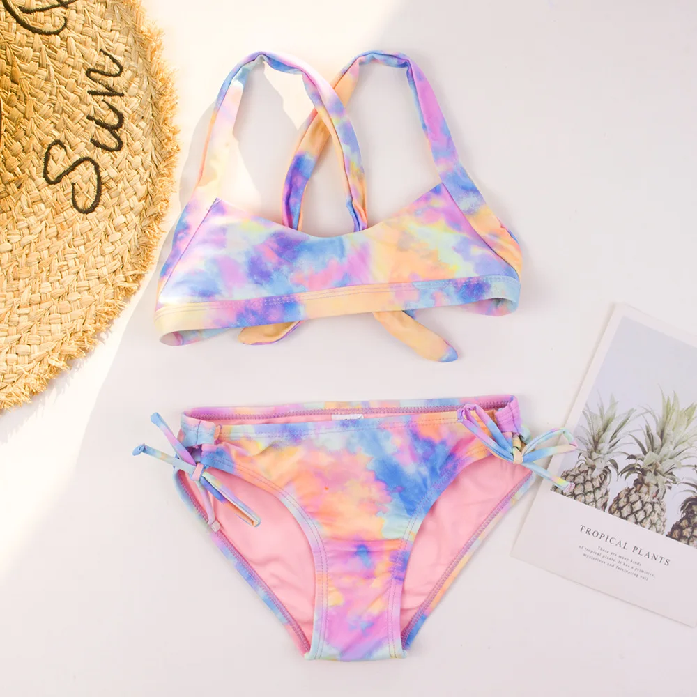 

Teen Kids Girls Bandage Bikini Set Tie-dye Print Summer Children Kids Swimsuit Students Girls Two Pieces Swimwear Bathing Suit