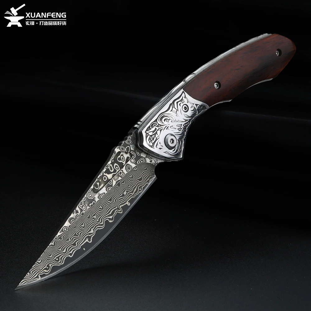 XUANFENG Outdoor Damascus Steel Knife Folding Knife Camping Barbecue Fruit Knife Yellow Sandalwood Handle Camping EDC Knife