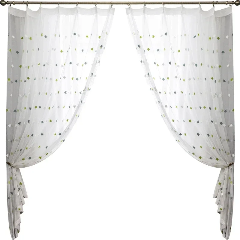 3D Green Stars Voile Curtains For Kids Girs Bedoom Window Sweet White Tulle Curtain in Living room Birthday party decor M065D3