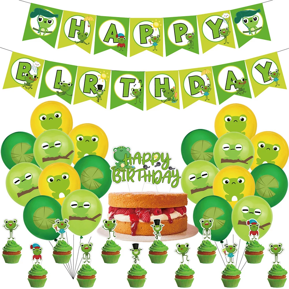 

Cute Frog Theme Birthday Party Decoration Balloons Set Frog Happy Birthday Banner and Cake Topper for Kids Boy Girl Birthday