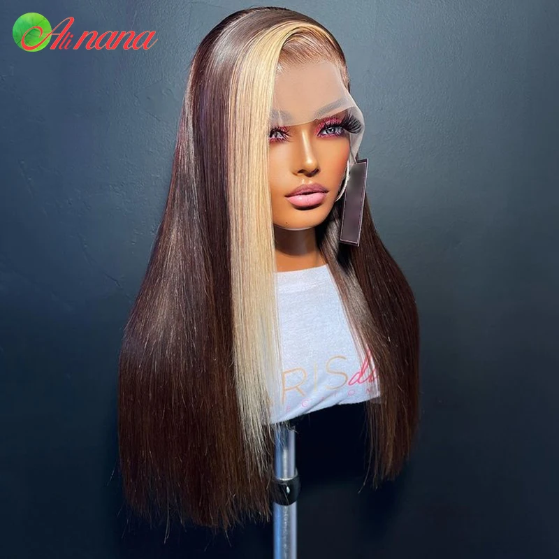 Stripe Brown With Blonde Colored 13x6 Lace Frontal Wigs Straight Pre-Plucked Baby Hair Lace Front Human Hair Wig For Black Women