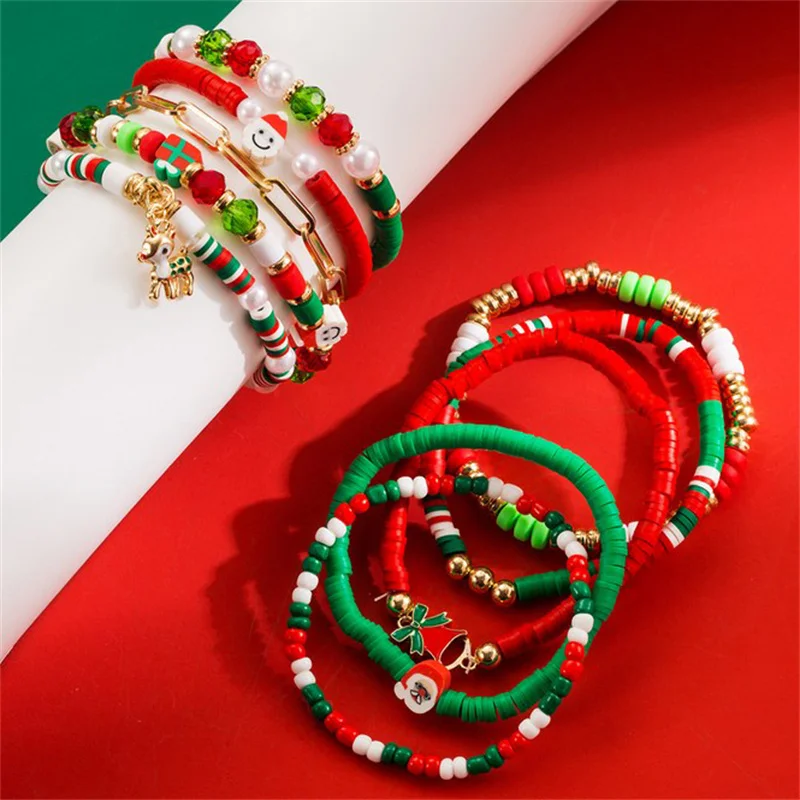 Christmas Colorful Beads Bracelets For Women Handmade Snowman Santa Claus Elk Pendant Bracelet New Year Jewelry Gifts