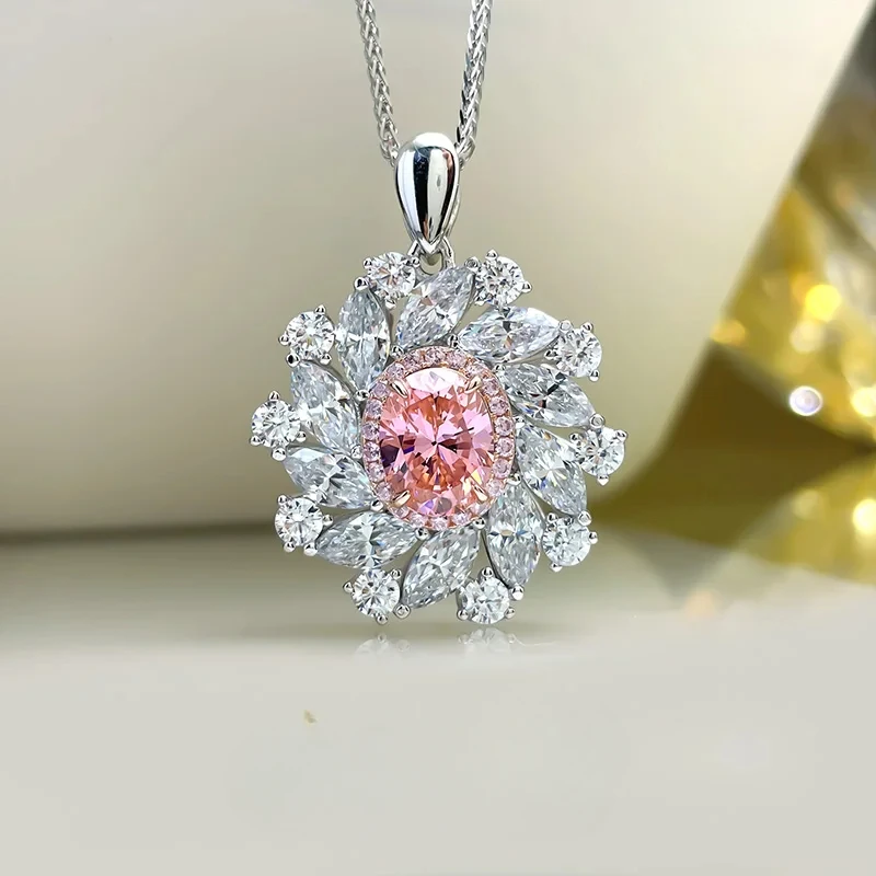 

Fashionable New Pink Diamond Pendant Necklace Imported High Carbon Diamond Princess Set 925 Silver Wedding Jewelry