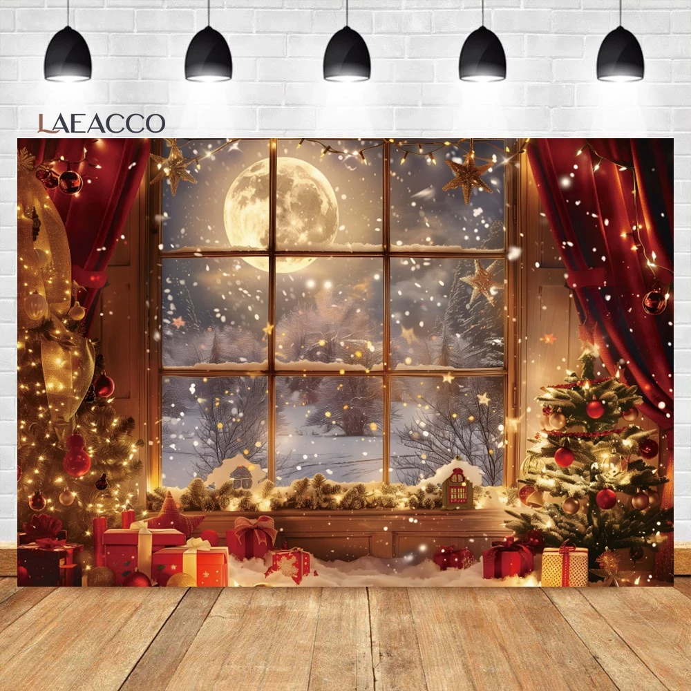 Laeacco Christmas Windowsill Backdrop Wooden Wall Red Curtain Santa Claus Tree Gift Family Party Portrait Photography Background