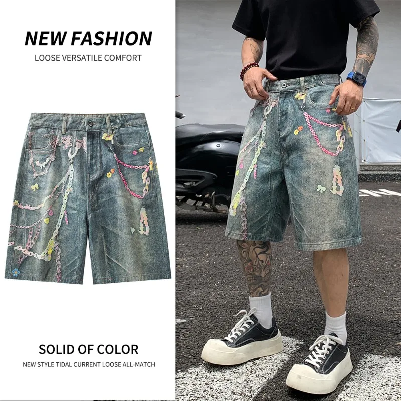 Y2K denim shorts heren zomer Amerikaanse straat losse rechte pijpen vijfkwart broek gewassen graffiti bedrukte shorts met wijde pijpen
