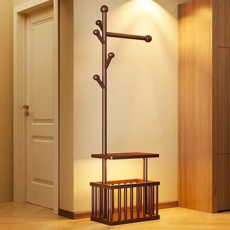 

Solid wood coat rack Floor-to-ceiling hanger Bedroom removable household laundry basket rack Multifunctional storage hanger