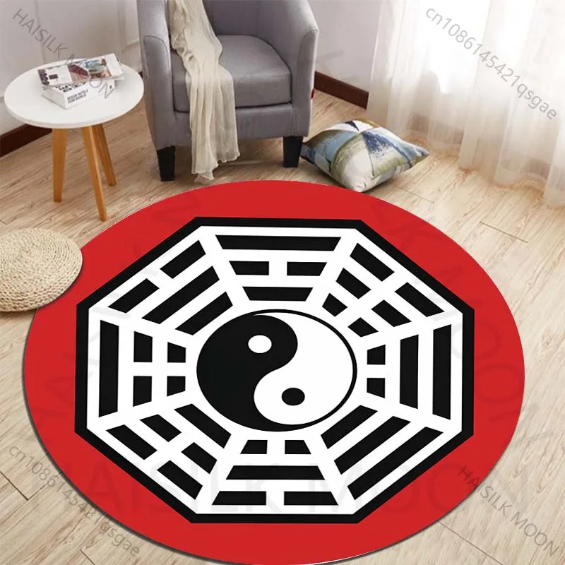 Bagua Taiji symbol with red background Printed round carpet living room sofa table large pet mat soft round carpet home decor