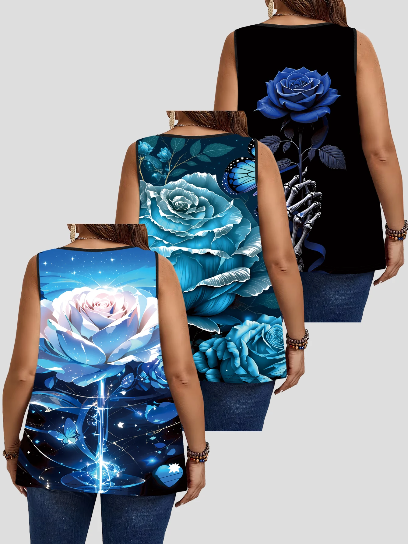 3-Piece Set of Plus-Size Sleeveless Vests｜Artistic Print in Dreamy Blue, Rose Blue, and Butterfly Blue Tones. Loose-Fitting, Figure-Flattering, Round-Neck Casual Outerwear