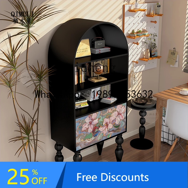 French retro solid wood bookcase, living room display storage cabinet, sofa side stand cabinet