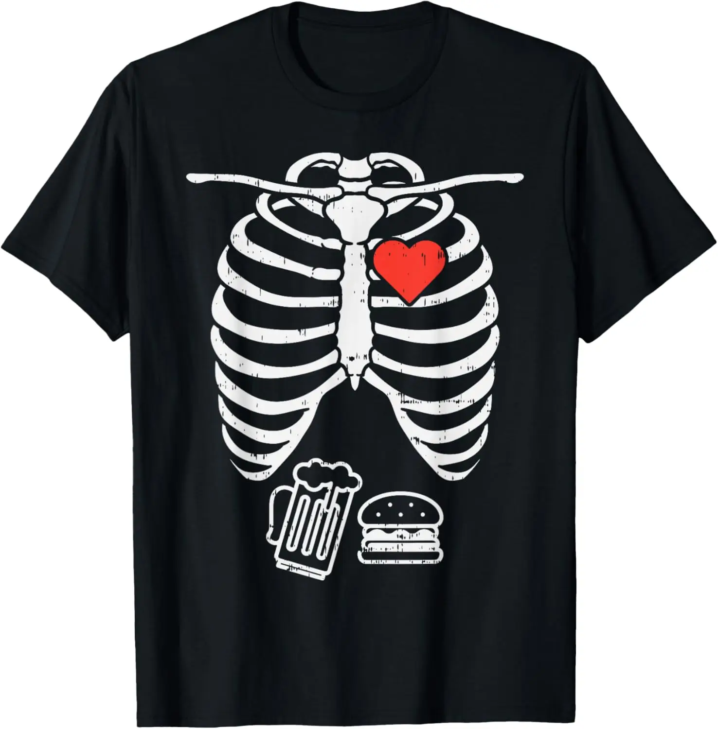 Esqueleto rayos X cerveza hamburguesa divertida Halloween embarazo hombres papá camiseta