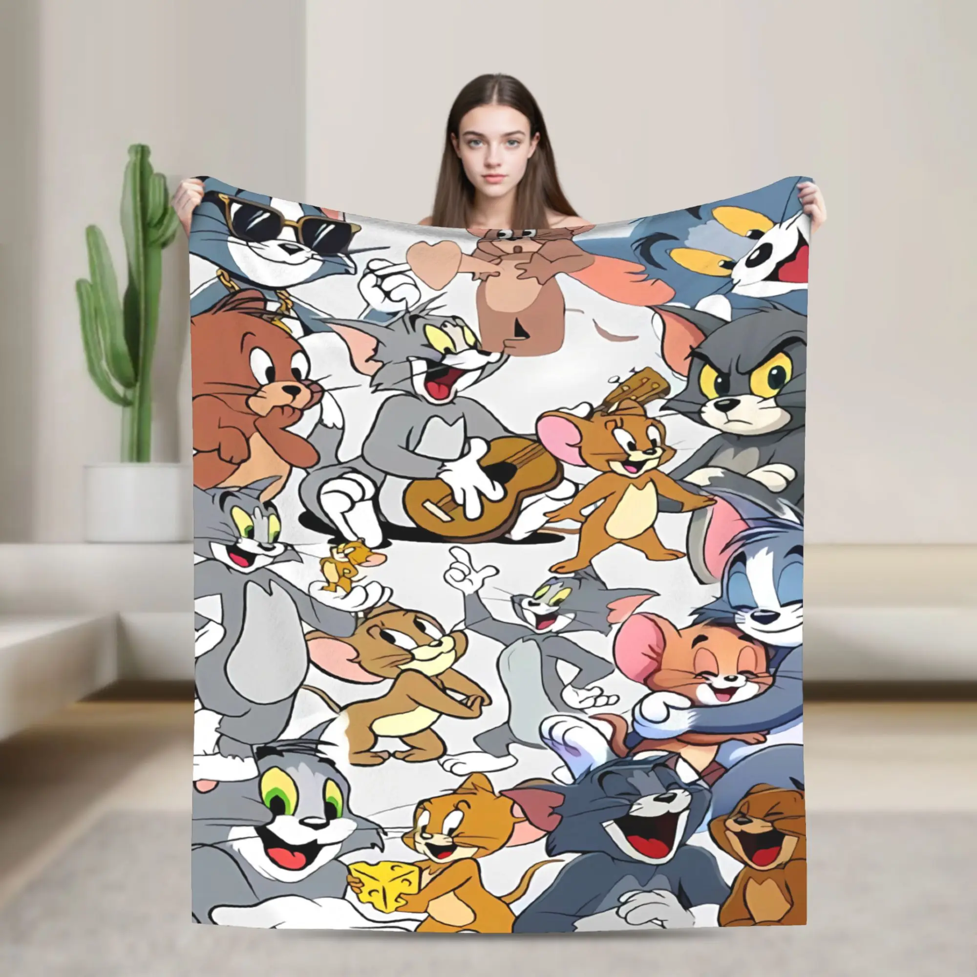 Tom Jerry Gray Collage Manga Flannel Blankets Winter  Warm Throw Blanket for Girls Boys Outdoor Print Bedspread Sofa Bed Cover