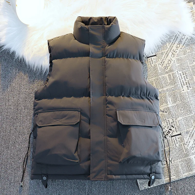 

2025 Winter Men Down Waistcoat Fashion Simple Solid Color Pocket Zipper Male Vest Cold-proof Stand Collar Sleeveless Man Coat