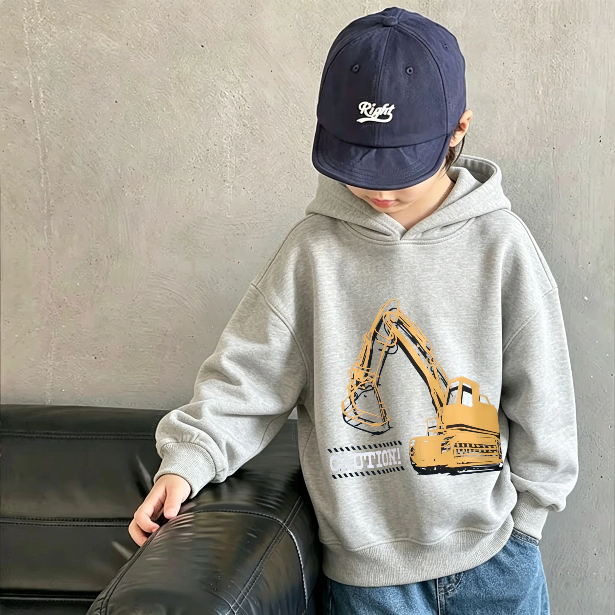 Children's Hooded Sweatshirt - Cool Retro Excavator Cartoon Letter Print Pullover Loose-Fitting Warm Long-Sleeved Hooded Shirt