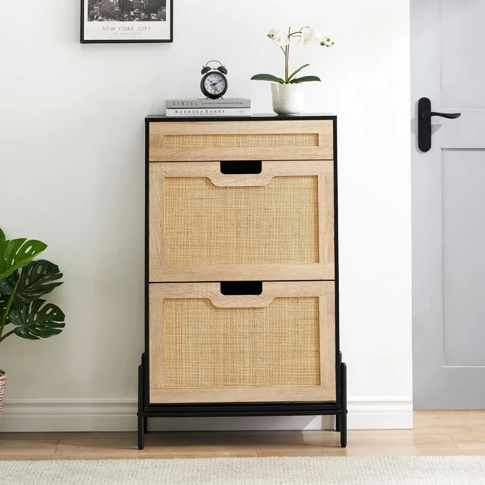 

Cabinets for Living Room Furniture Natural Rattan 2 Flip Door With 1 Drawer Shoe Cabinet Boots Heels Rack