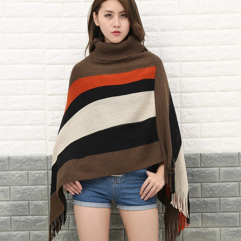 Spring Autumn New Women Irregular High Neck Striped Tassel Shawl Cloak Sweater  Pullover Blouse Female  Jacket  Brown