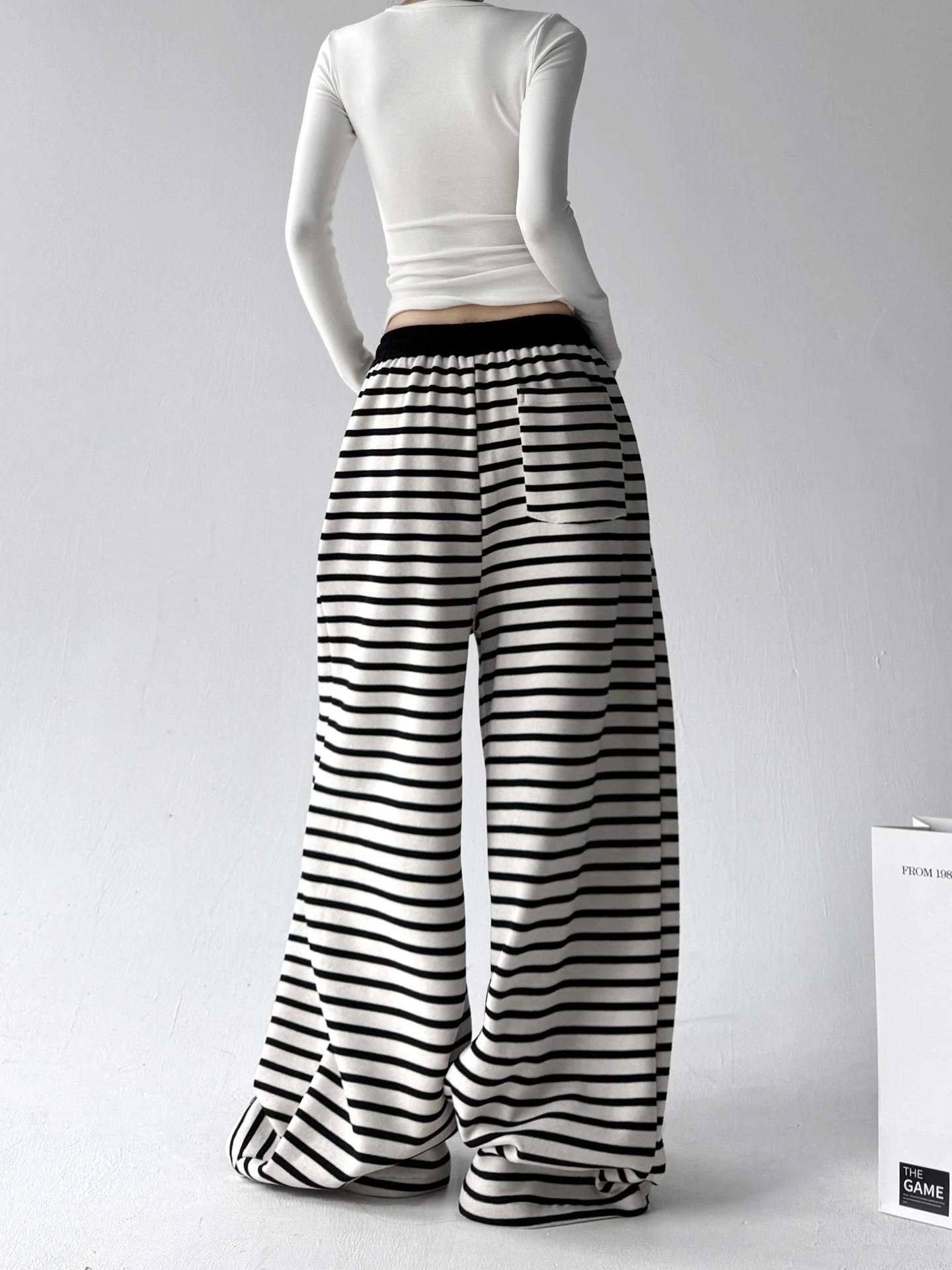 المرأة عادية مخطط بنطال ذو قصة أرجل واسعة عالية الخصر بنطلون الطابق طول ثنى المرقعة الخريف الشتاء جديد Sle فضفاض صالح