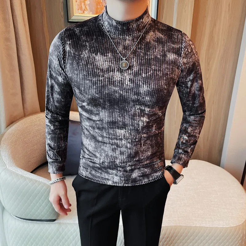 

Flannel Luxury Striped Print T Shirt For Men Long Sleeve Mock Neck Spring Quality Soft Comfortable Anti-Wrinkle Elastic Camiseta