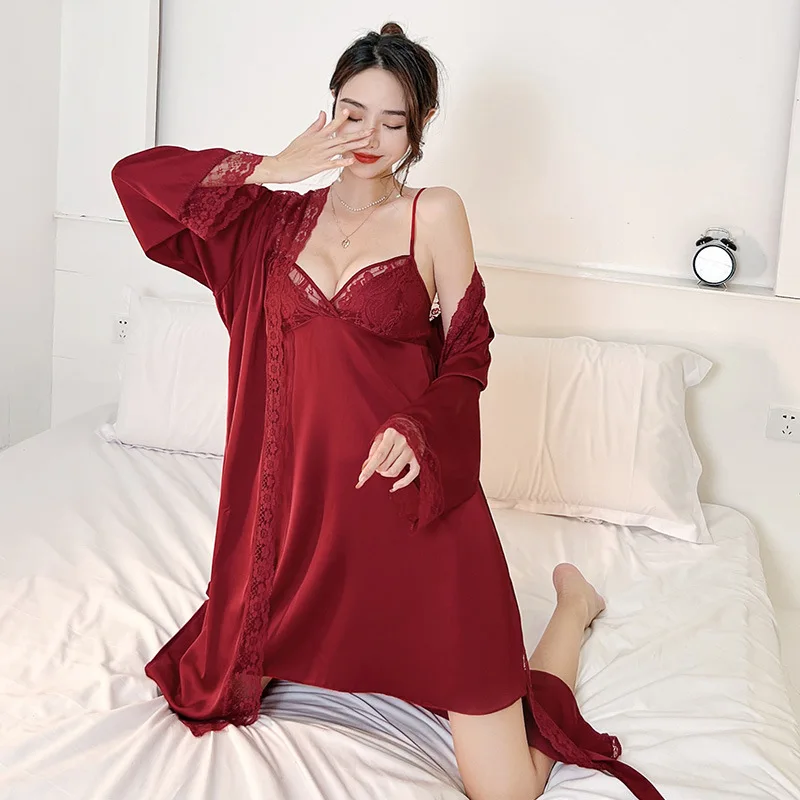 Twinset Kimono Robe Gown Suit Women 2PCS Bathrobe Strap Nightgown Set Summer Satin Sleepwear With Lace Hollow Out Loungewear