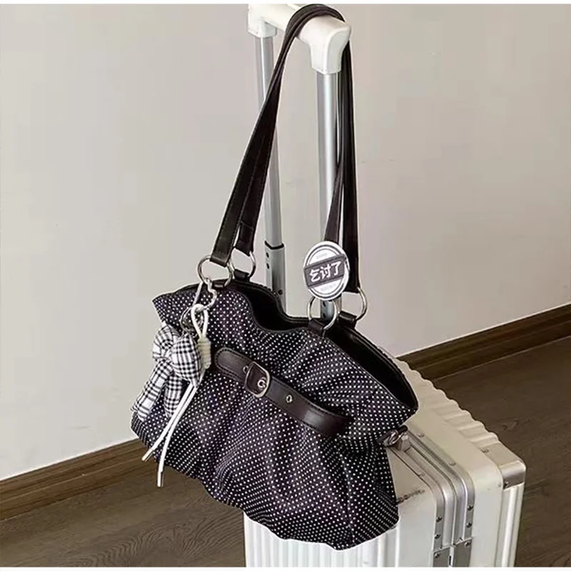 

Vintage Pleated Large-capacity Tote Bag Korean Fashion Polka Dot Shoulder Bag Belt Buckle Decor Women's Casual Commuter Handbag