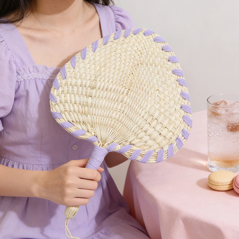 

Natural Reed Handcrafted Edged Fan with Handle Summer Portable Handheld Grass Woven Fan Cute Summer Gift for Girls