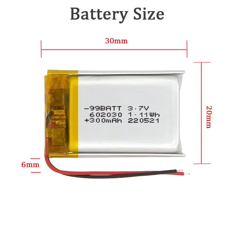 602030 3.7V 300mAh Li-Polymer Battery JST PH 2.0mm 2-Pin for TWS Charging Case Bluetooth Earphone Dash Cam Rechargeable Li-Po