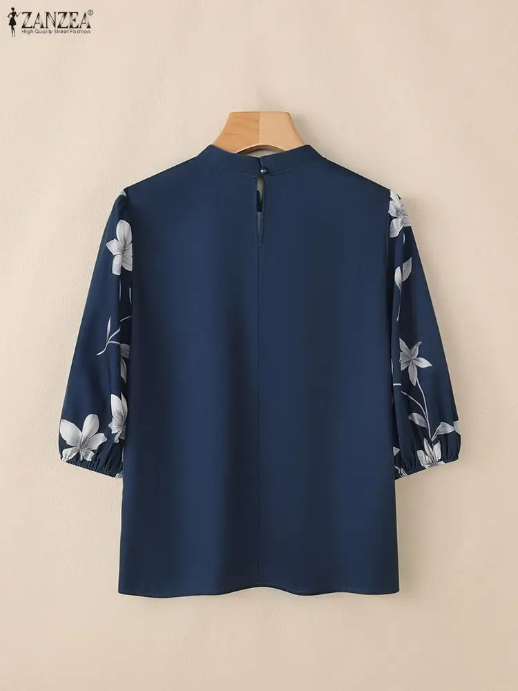 ZANZEA Blus Wanita Elegan Atasan Kasual Lengan Setengah Lentera Motif Bunga Kerah Berdiri Mode Pakaian Wanita Musim Semi 2025 S-3XL