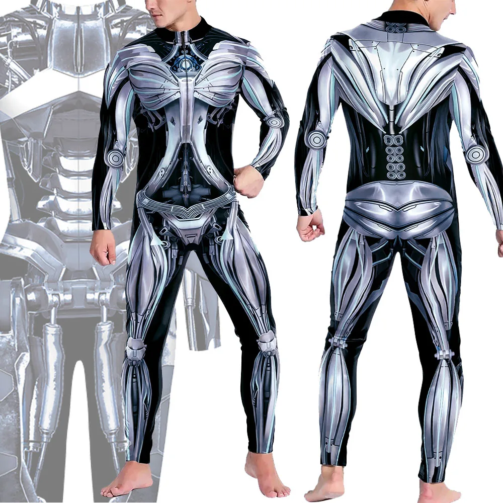 Zawaland Robot Cosplay Costume Men Bodysuit 3D Print Steampunk Armor Jumpsuit Crotch Zipper Holiday Party Long Sleeve Zentai