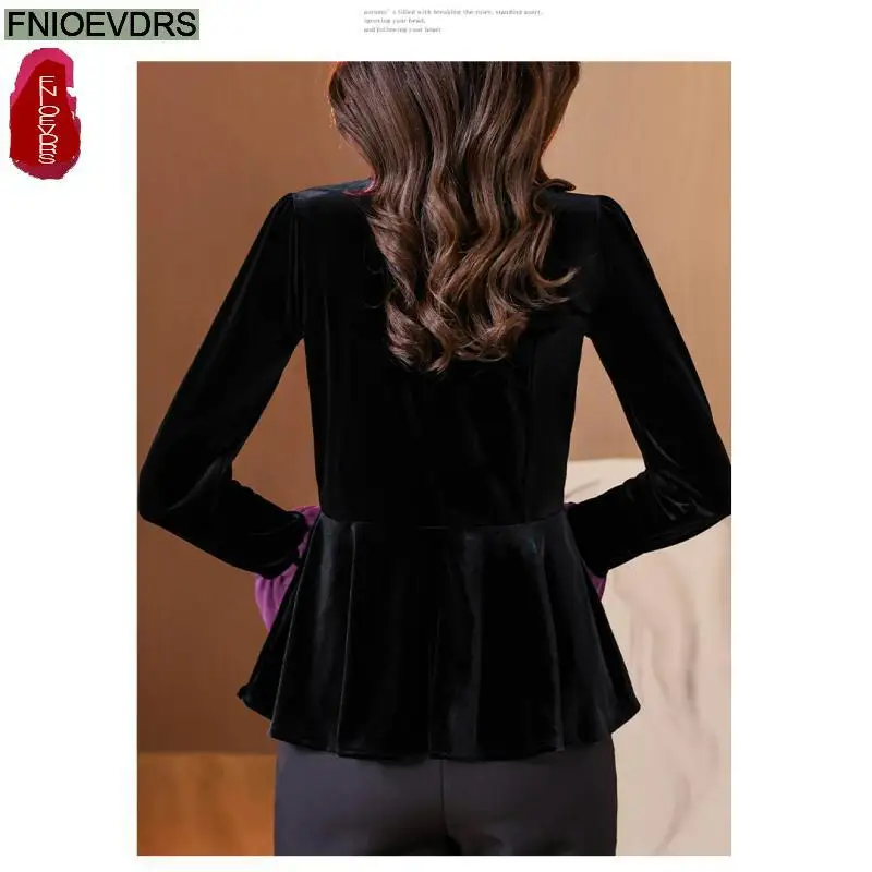 New Year Hot Black Velvet Top Basic Wear Women Autumn Winter Elegant Office Lady Button Shirts Retro Vintage Peplum Tops Blouses